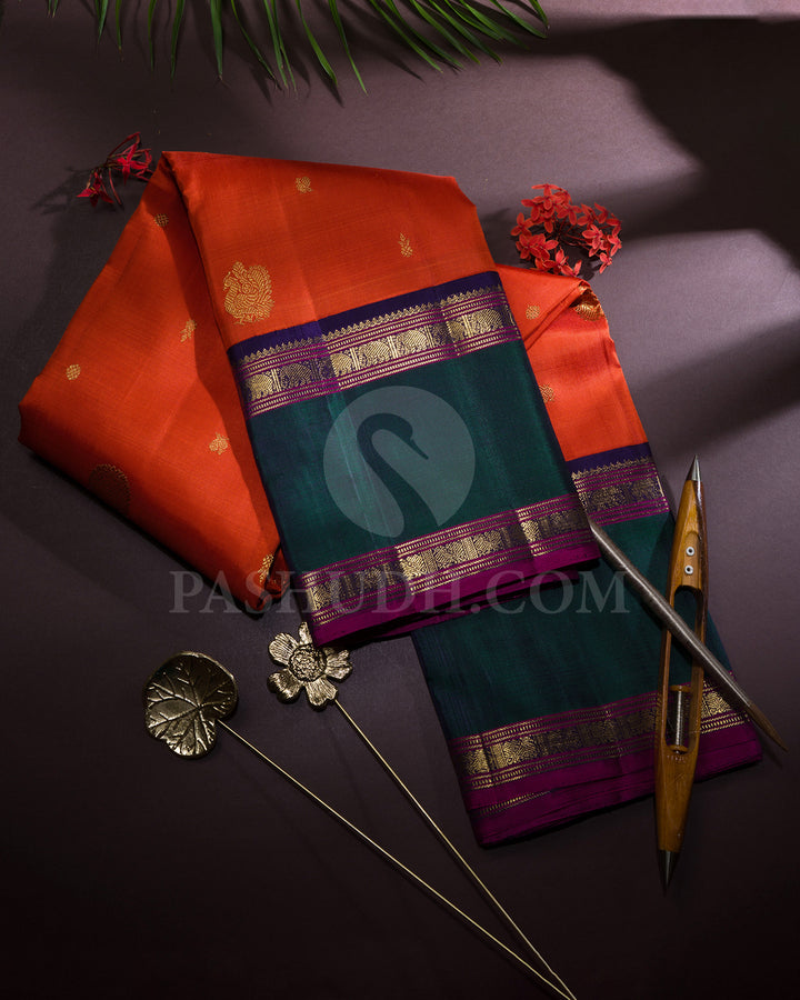 Burnt Orange With Dual Shaded Bottle Green Pure Zari Kanjivaram Silk Saree-SP408
