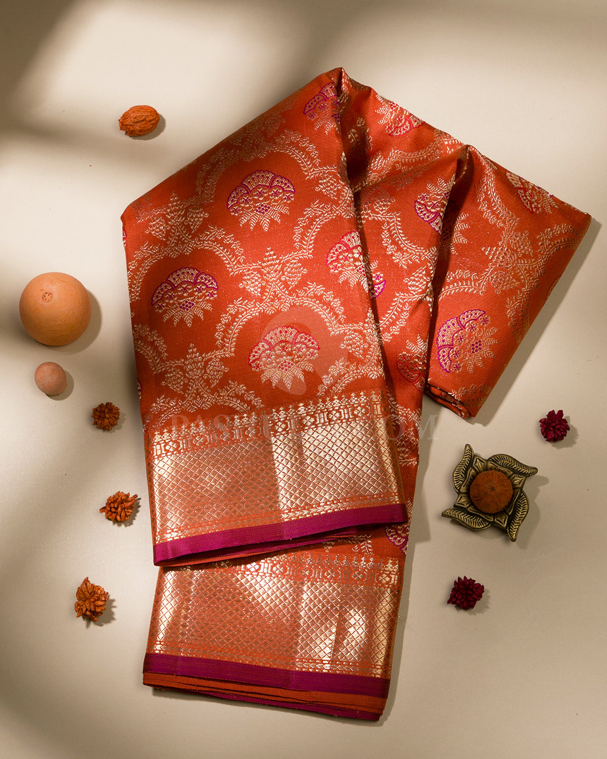 Fire Orange Kanjivaram Silk Saree - S1023(A) – Pashudh Sarees