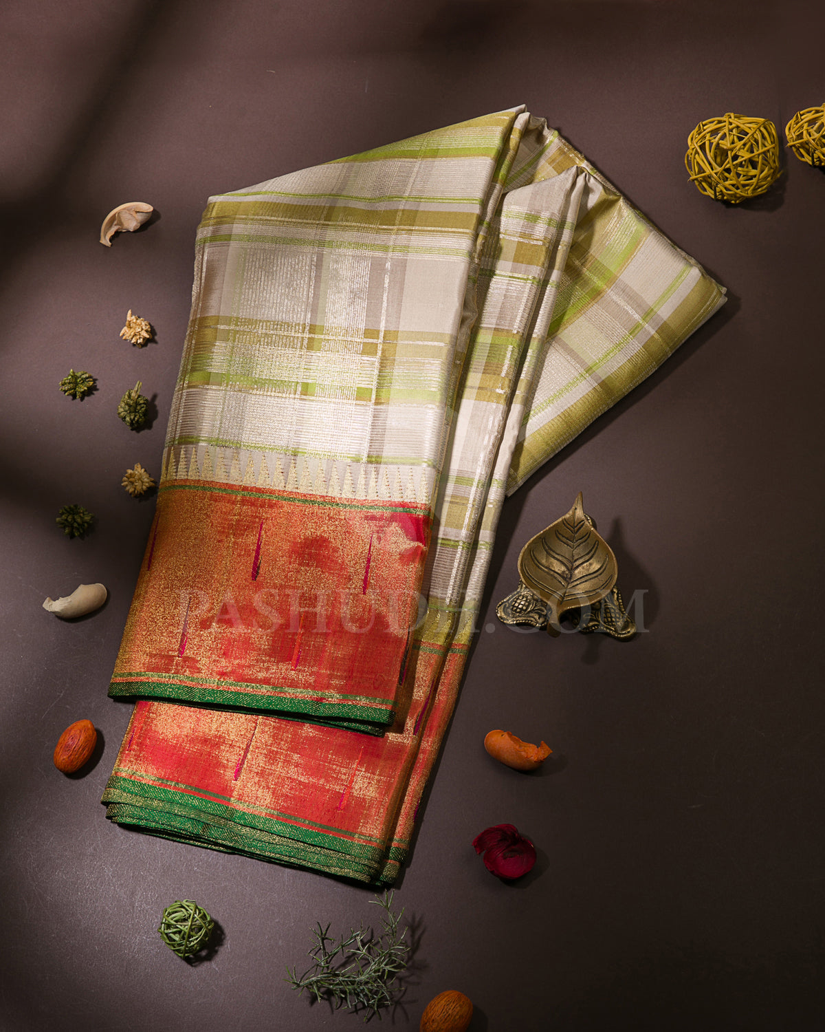 Grey , Green and Red Kanjivaram Silk Saree - P143(C)