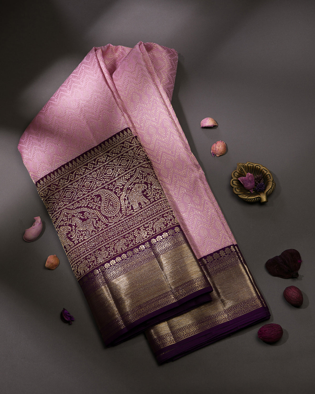 Baby Pink And Aubergine Kanjivaram Silk Saree - S1220(A)