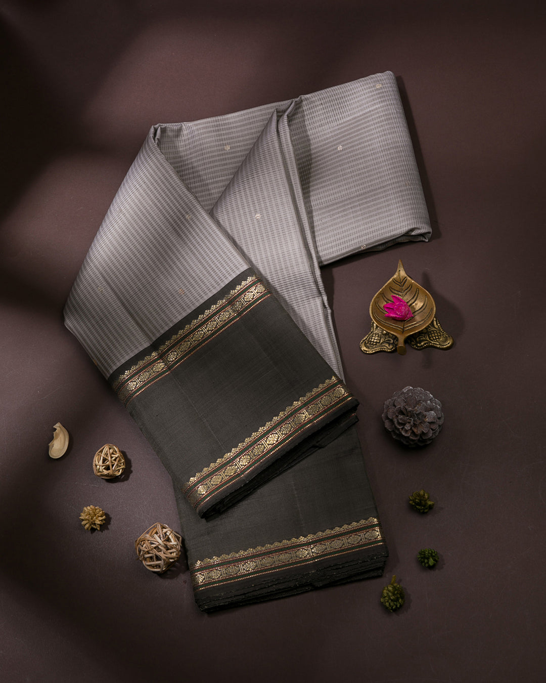 Light Grey And Blackish Grey Kanjivaram Silk Saree - S1055(B)