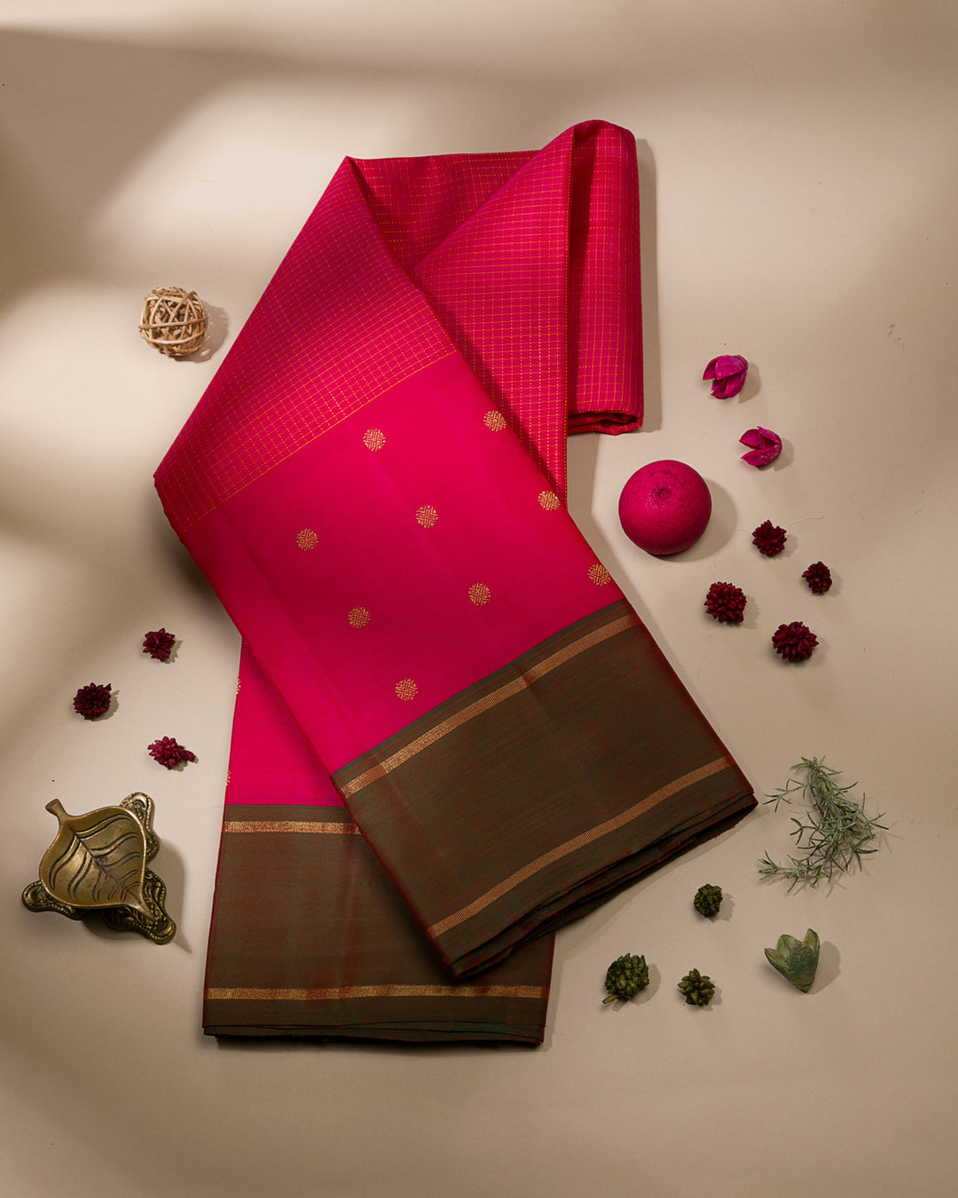 Bright Pink And Reddish Green Kanjivaram Silk Saree - KF5