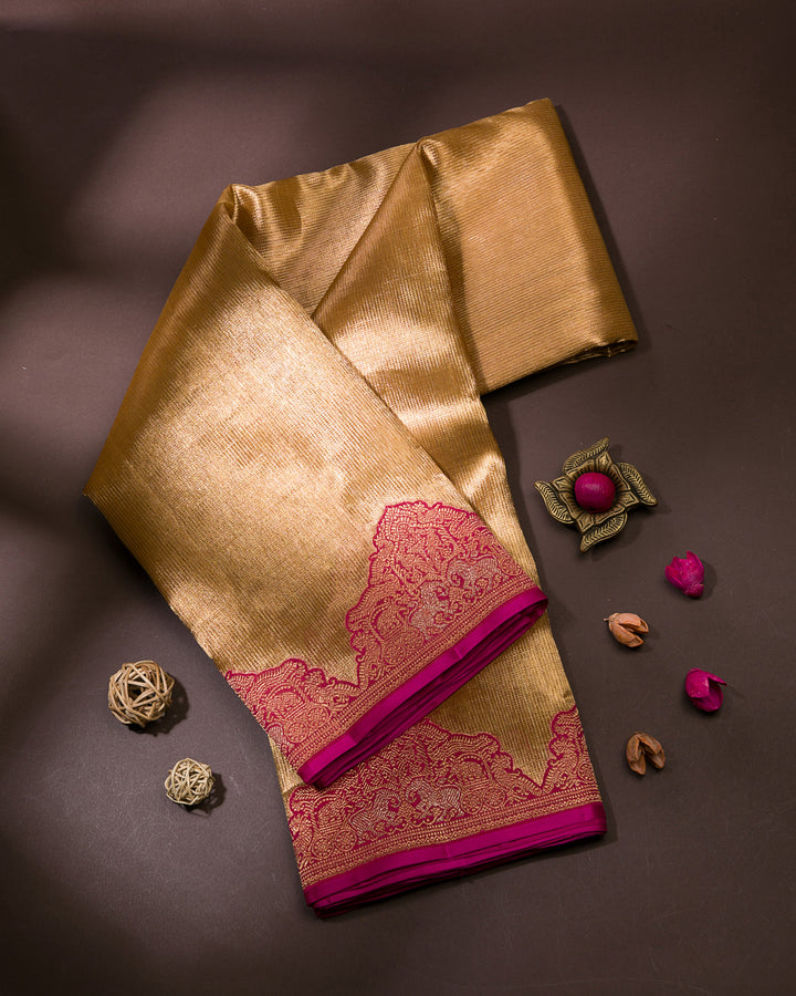 Gold And Rani Pink Kanjivaram Silk Saree - S1209(A)