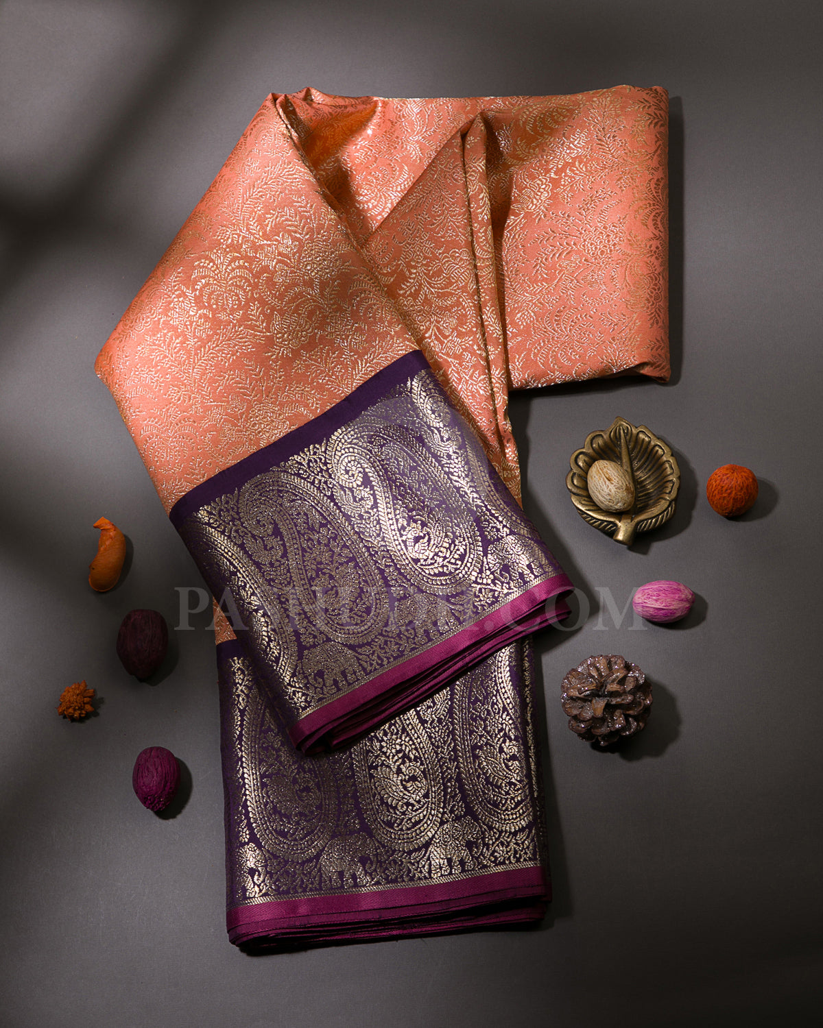 Peach and Deep Violet Kanjivaram Silk Saree - S1190(A)