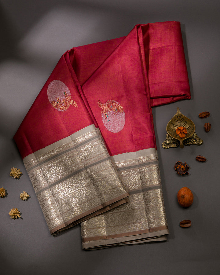 Red And Greige Kanjivaram Silk Saree - S1216(A)