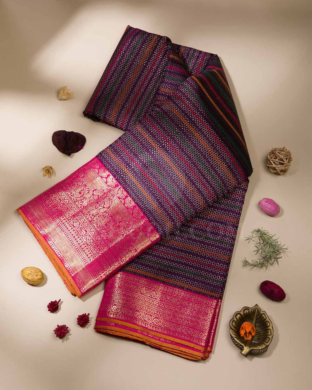 Multi Colours And Rani Pink Kanjivaram Silk Saree - S1226(A)