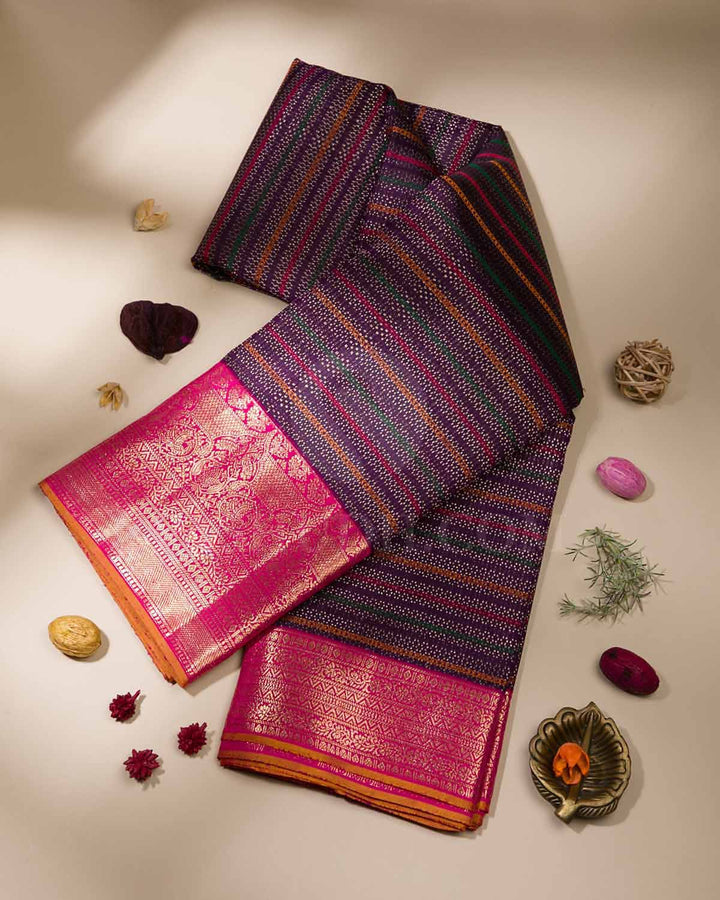 Multi Colours And Rani Pink Kanjivaram Silk Saree - S1226(A)