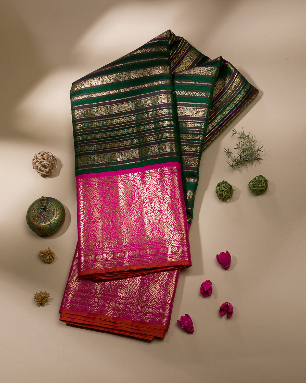 Bottle Green And Rani Pink Kanjivaram Silk Saree - S1203(A)