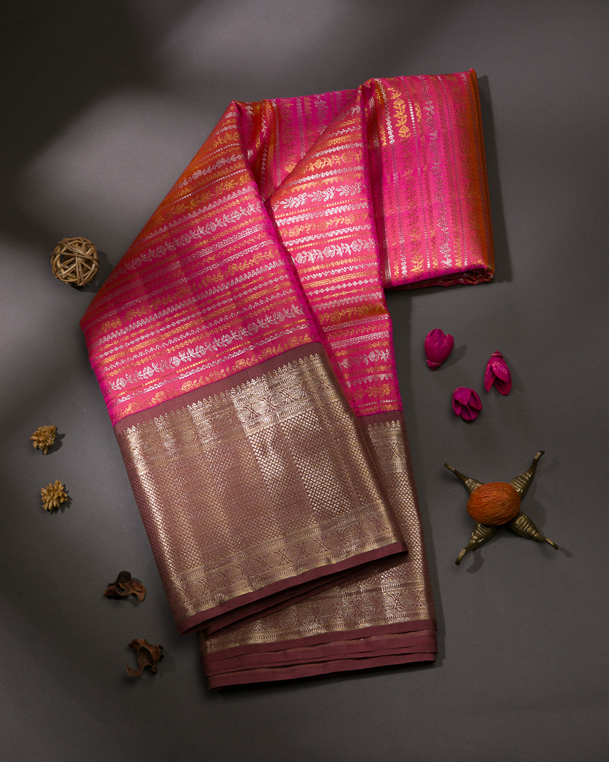 Bright Pink And Arakku Kanjivaram Silk Saree - S1016(C)