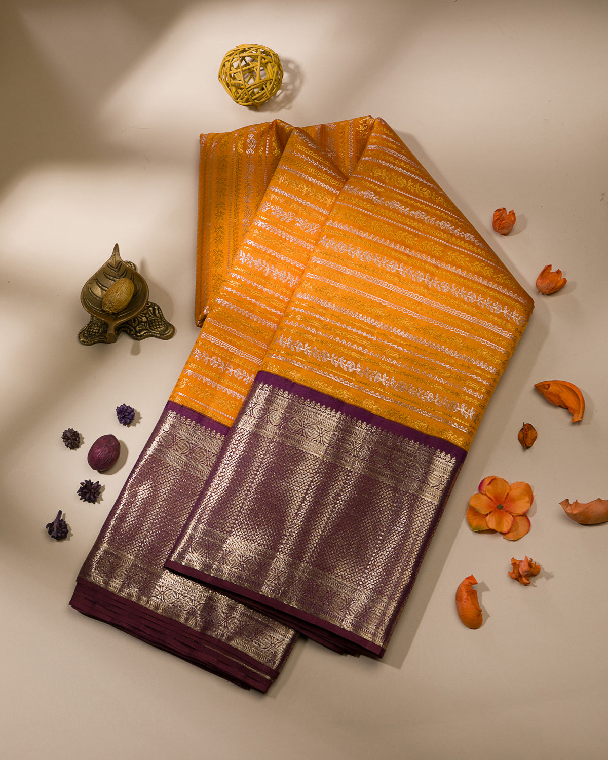 Yellow And Aubergine Kanjivaram Silk Saree - S1016(D)