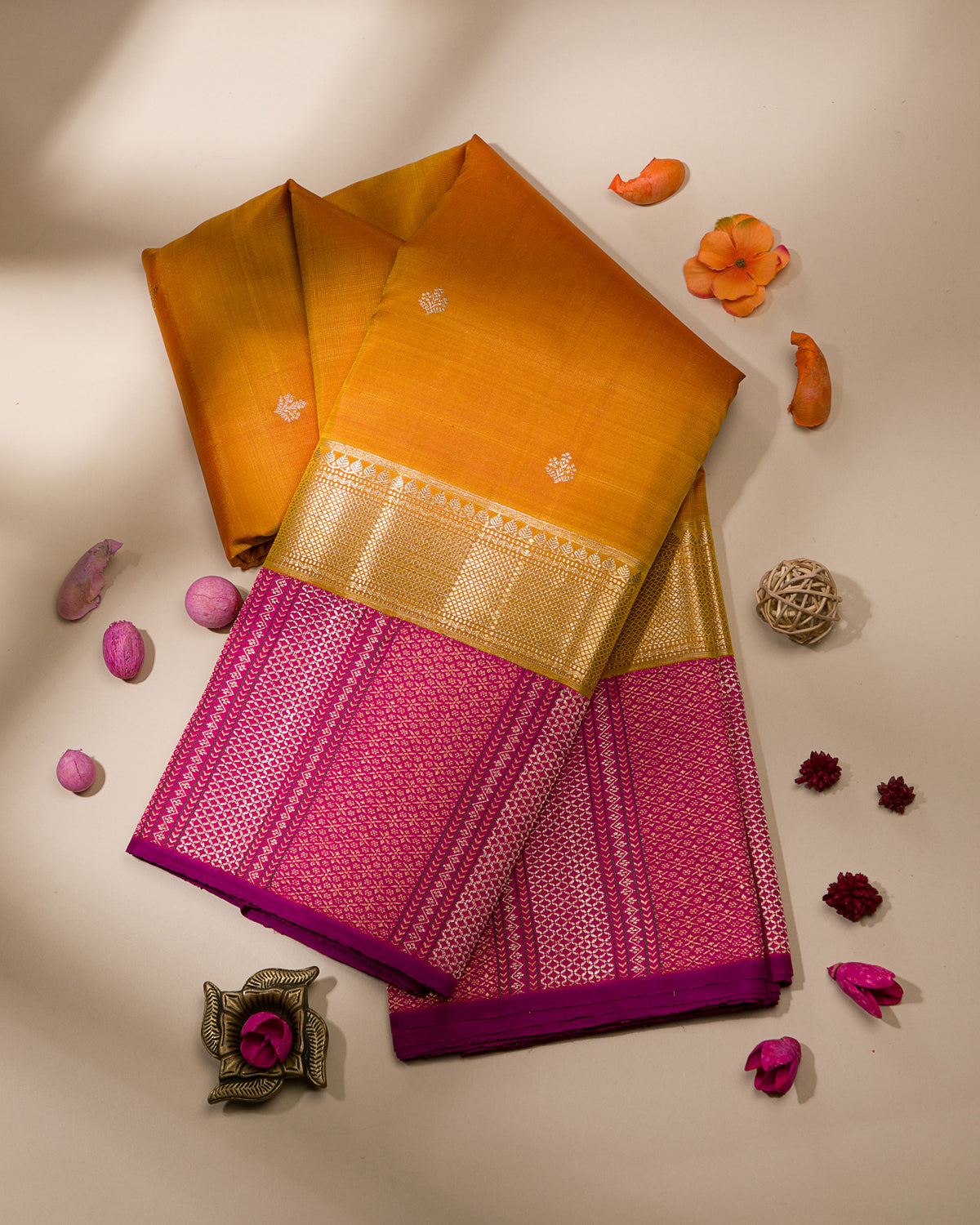 Mango Yellow And Rani Pink Kanjivaram Silk Saree - S1068(B)