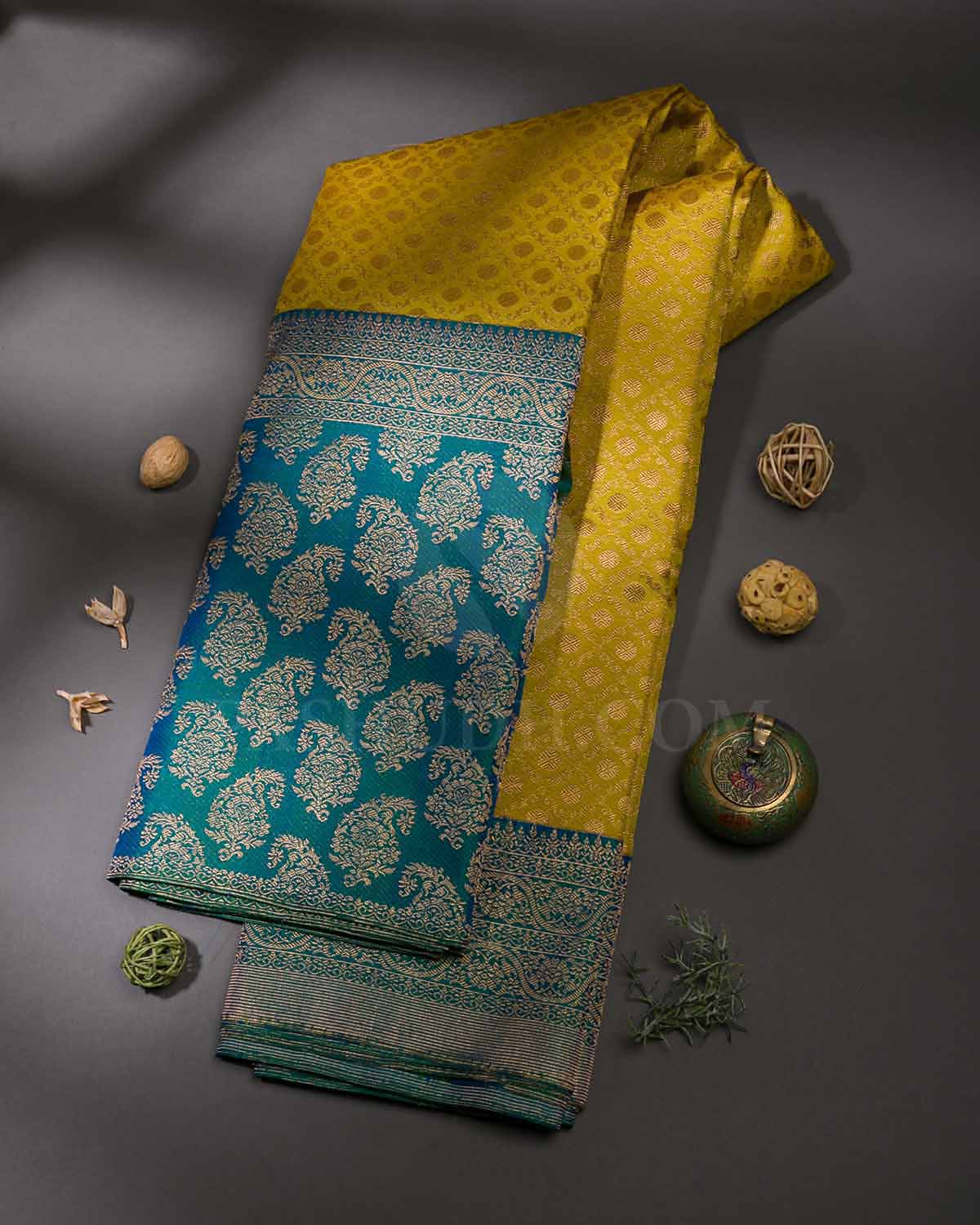 Yellow And Peacock Blue Kanjivaram Silk Saree - S1223(A)