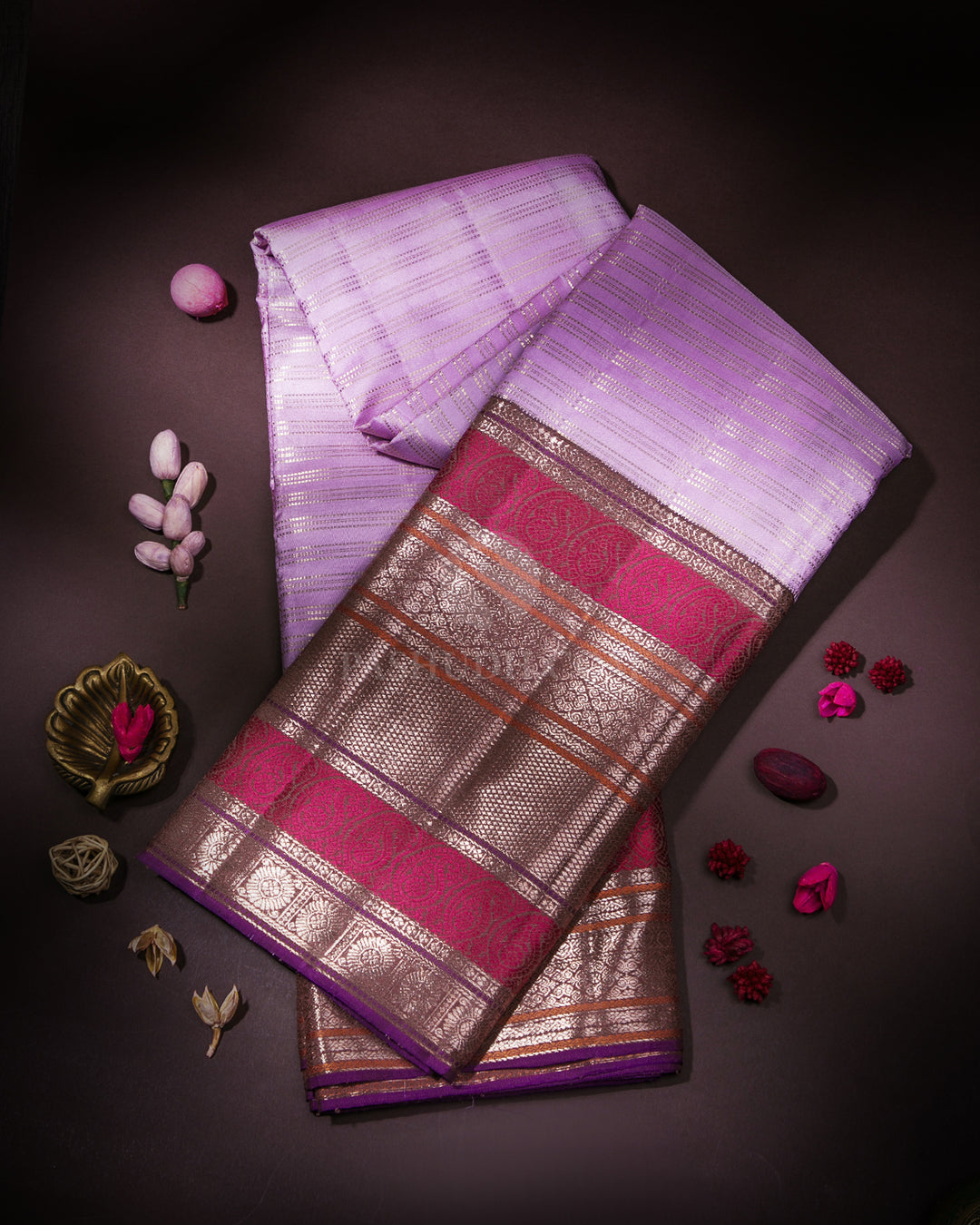Lilac & Chocolate Brown Kanjivaram Silk Saree - S882 - View1 
