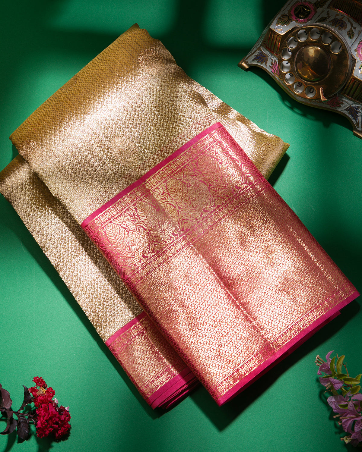 Silver Gold And Taffy Pink Organza Kanjivaram Silk Saree -S1255(A)