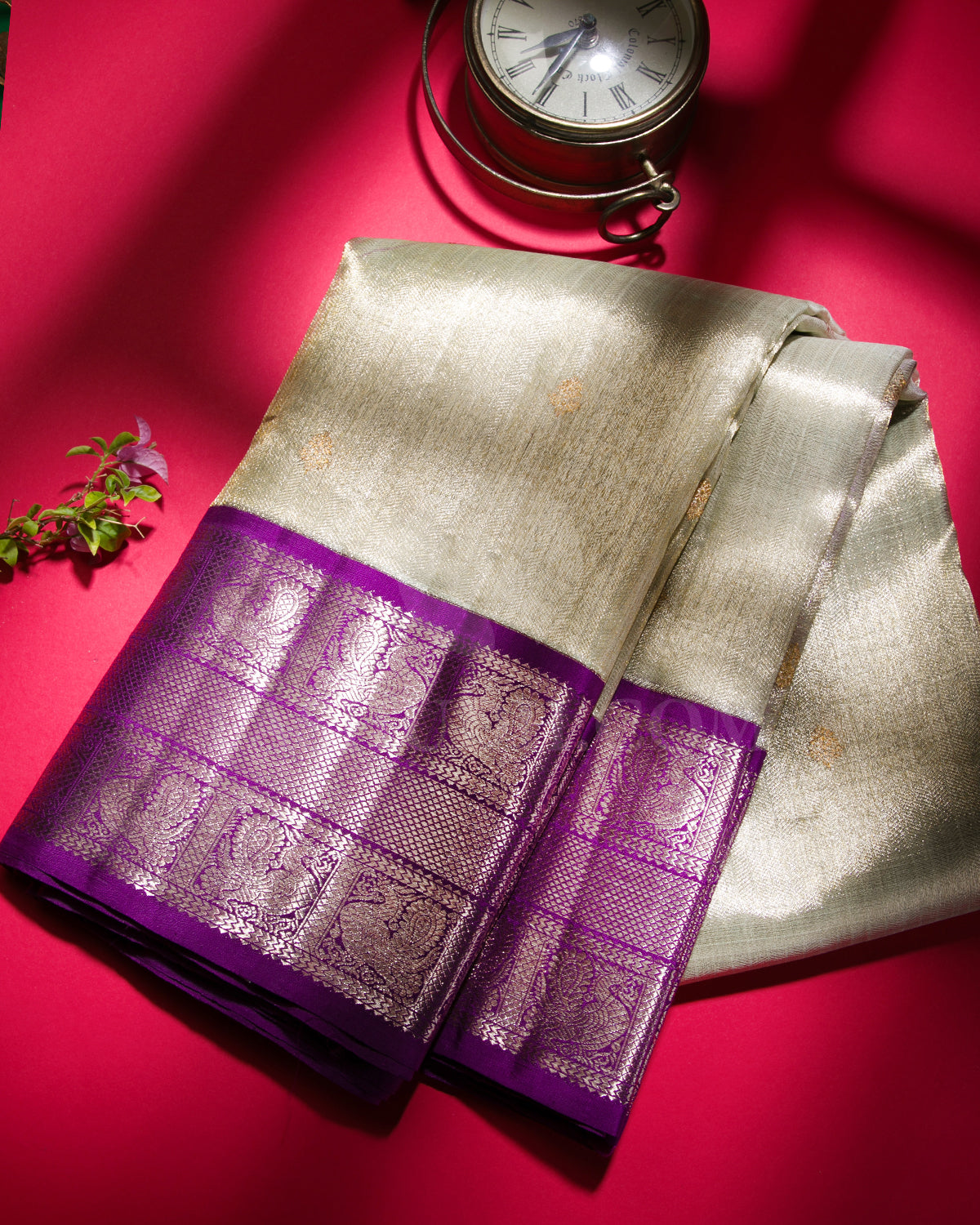 Cream And Violet Organza Kanjivaram Silk Saree - S1235(A)