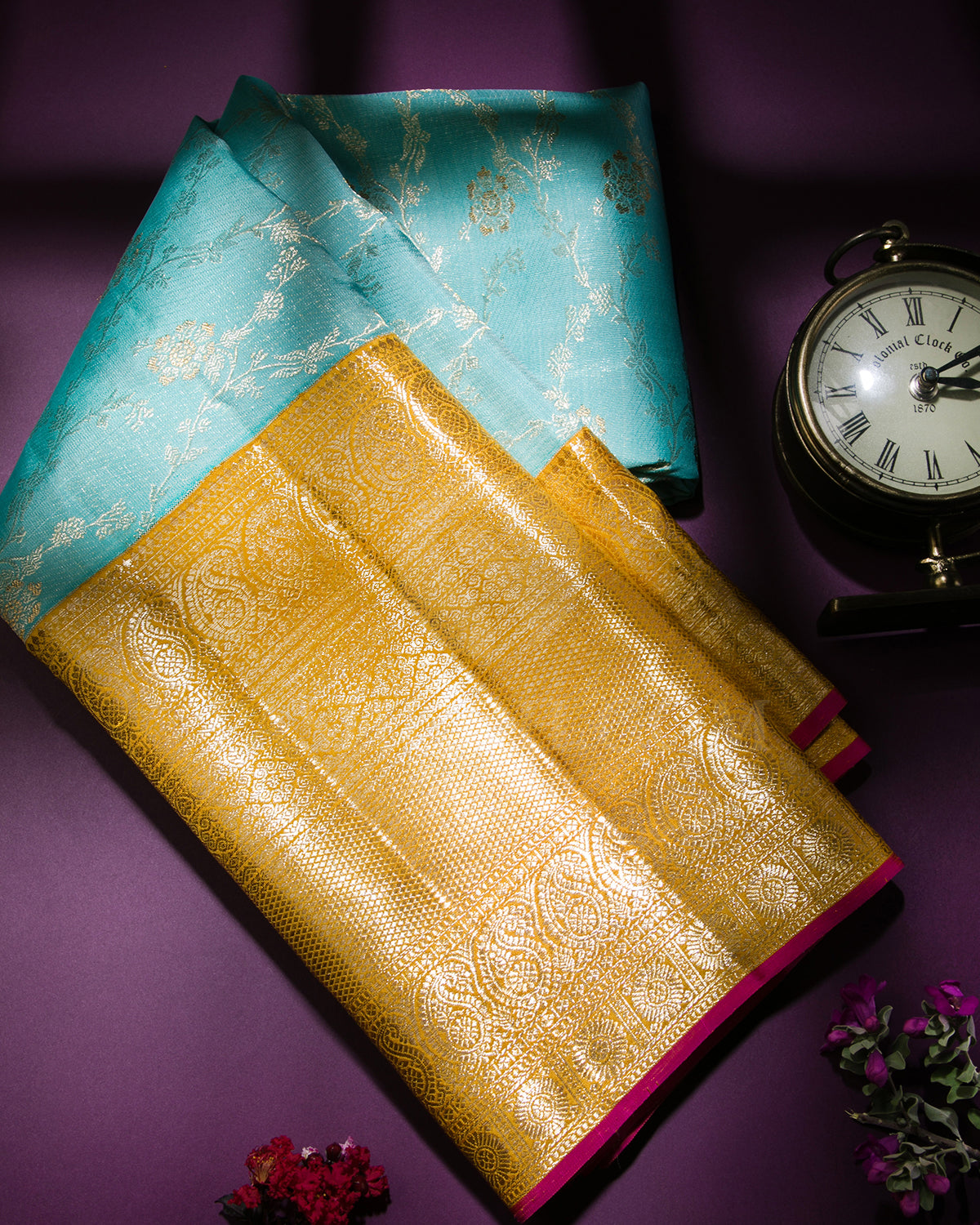 Sky Blue and Mango Yellow Kanjivaram Silk Saree - S1263(A)