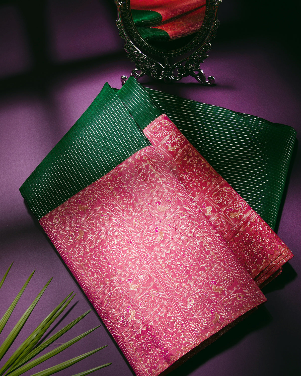 Emerald Green And Peachy Pink Kanjivaram Silk Saree - S1241(A)