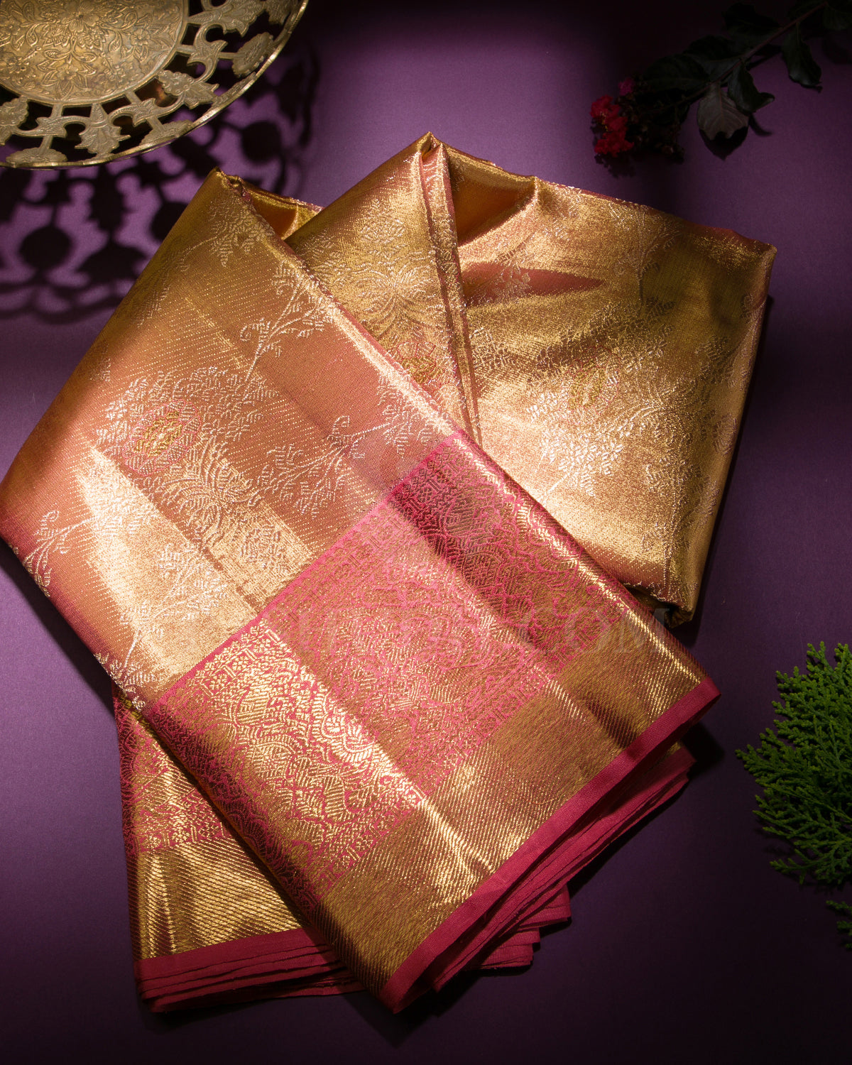 Gold And Watermelon Pink Organza Kanjivaram Silk Saree - S1169(B)