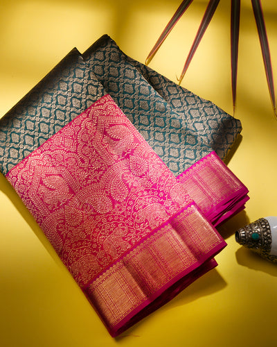 Deep Teal Green, Watermelon Pink And Rani Pink Kanjivaram Silk Saree - S1262(A)