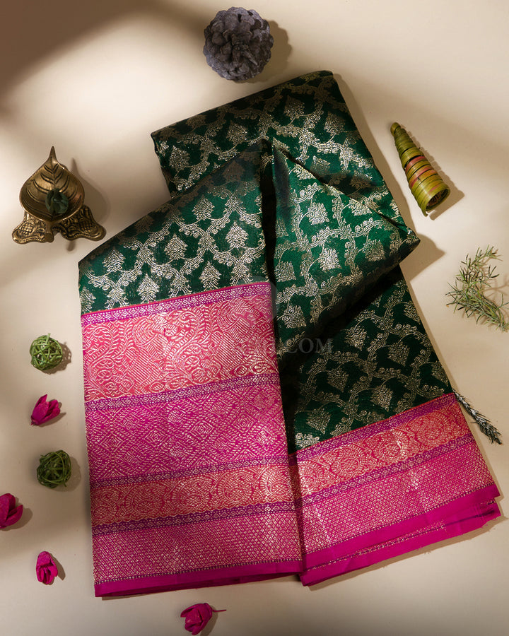 Dark Green and Pink  Zari Kanjivaram Silk Saree - S834 - View 1
