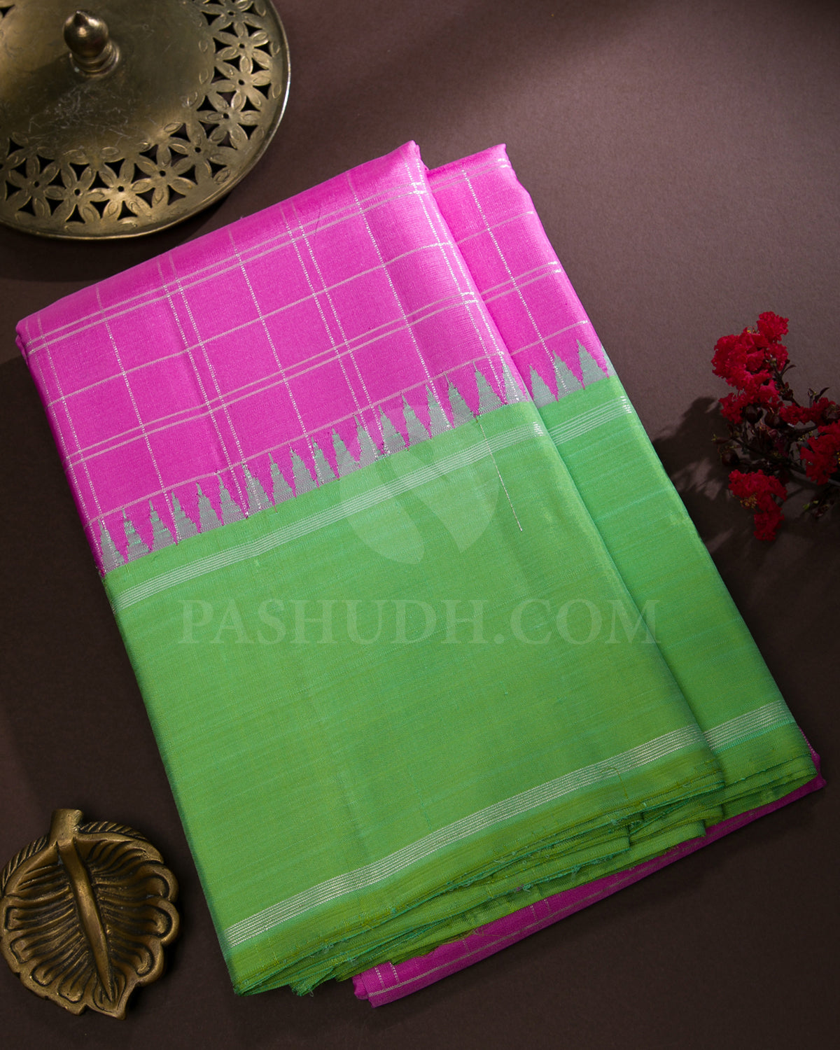 Rose Pink And Leaf Green Traditional Kanjivaram Silk Saree - AK9