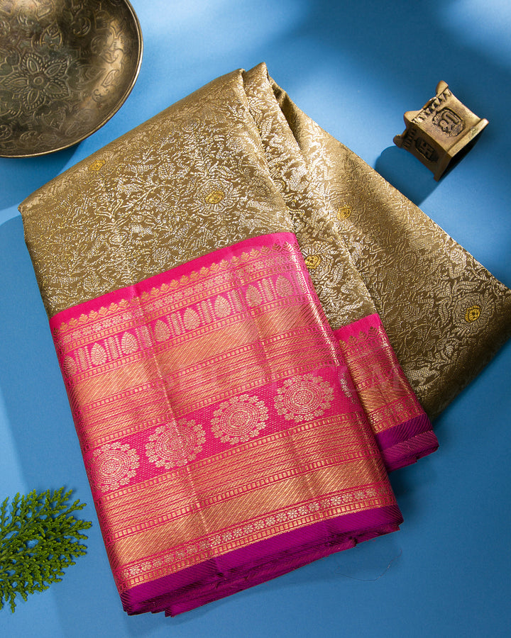 Mehendi Green And Fuchsia Pink Kanjivaram Silk Saree - S1193(B)
