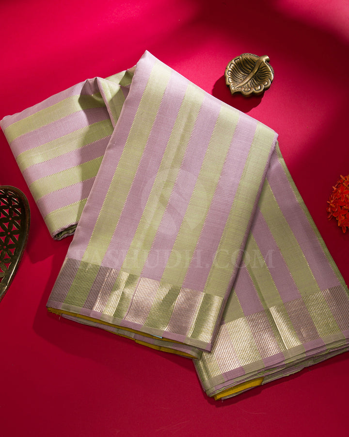 Lavender, Light Green and Mustard Yellow Traditional Kanjivaram Silk Saree - SVJ21