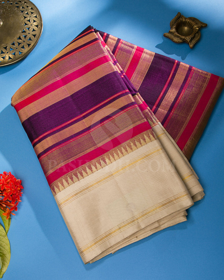 Purple, Red Shot Pink And Cream Traditional Kanjivaram Silk Saree - AK5