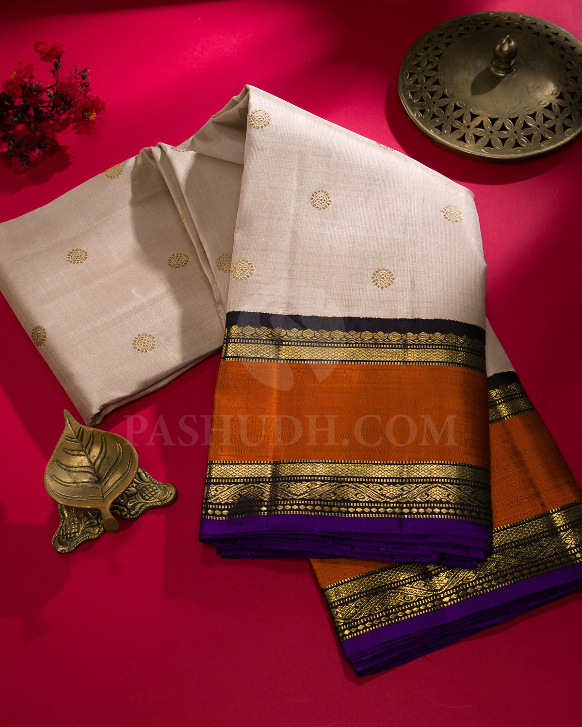 Almond White, Deep Purple And Rust Orange Traditional Kanjivaram Silk Saree - K18