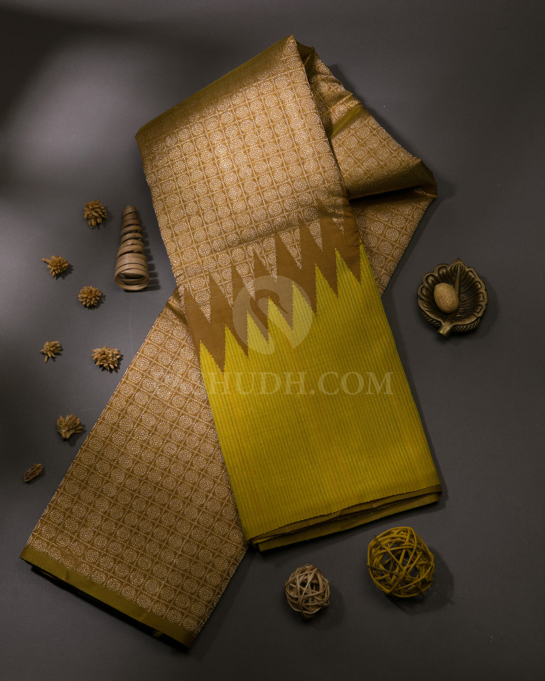 Yellow & Mehendi Green Rising Border Kanjivaram Silk Saree - S1088(A)