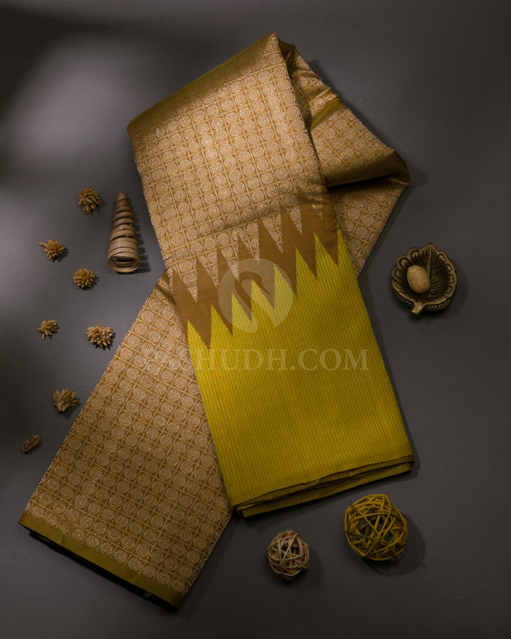 Yellow & Mehendi Green Rising Border Kanjivaram Silk Saree - S1088(A)