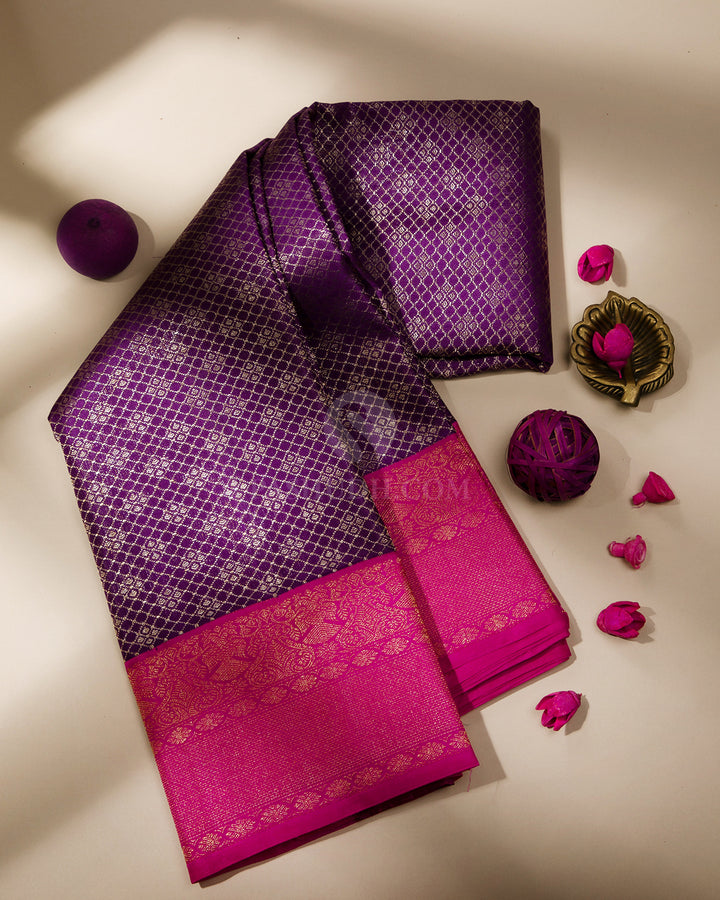 Indigo and Rose Pure Zari Kanjivaram Silk Saree - S732 - View 1