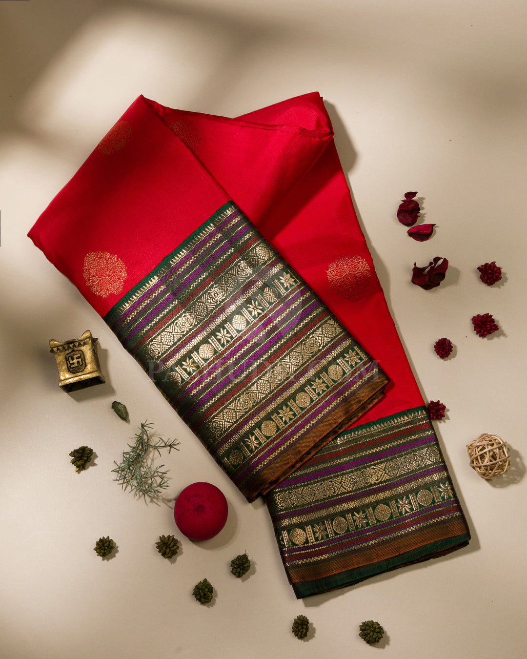 Red & Dark Green Kanjivaram Silk Saree - S1015(A)