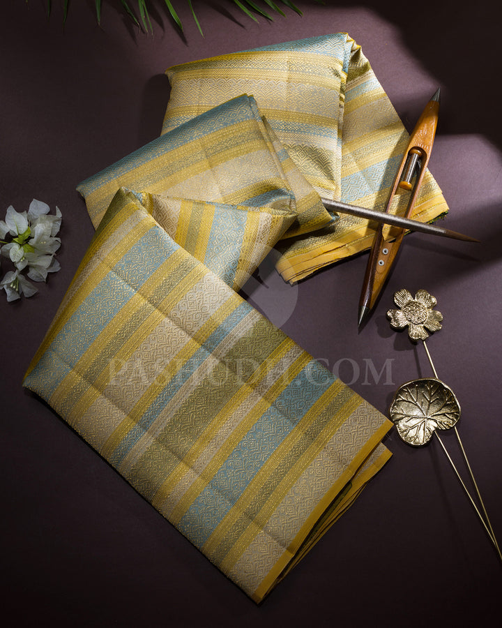 Ivory,Mustard Yellow,Powder Blue And Sage Green Borderless Traditional Kanjivaram Silk Saree-S1750(A)