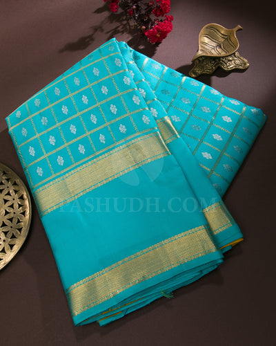 Turquoise Blue And Mustard Yellow Traditional Kanjivaram Silk Saree - SVJ6