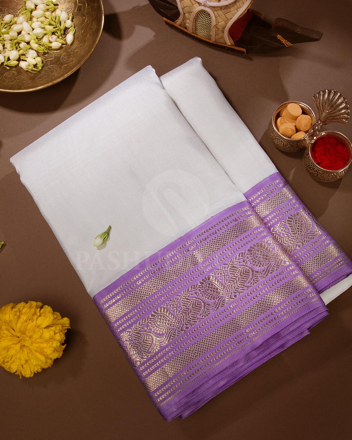 Cream And Lavender Kanjivaram Silk Saree - S1296(B)