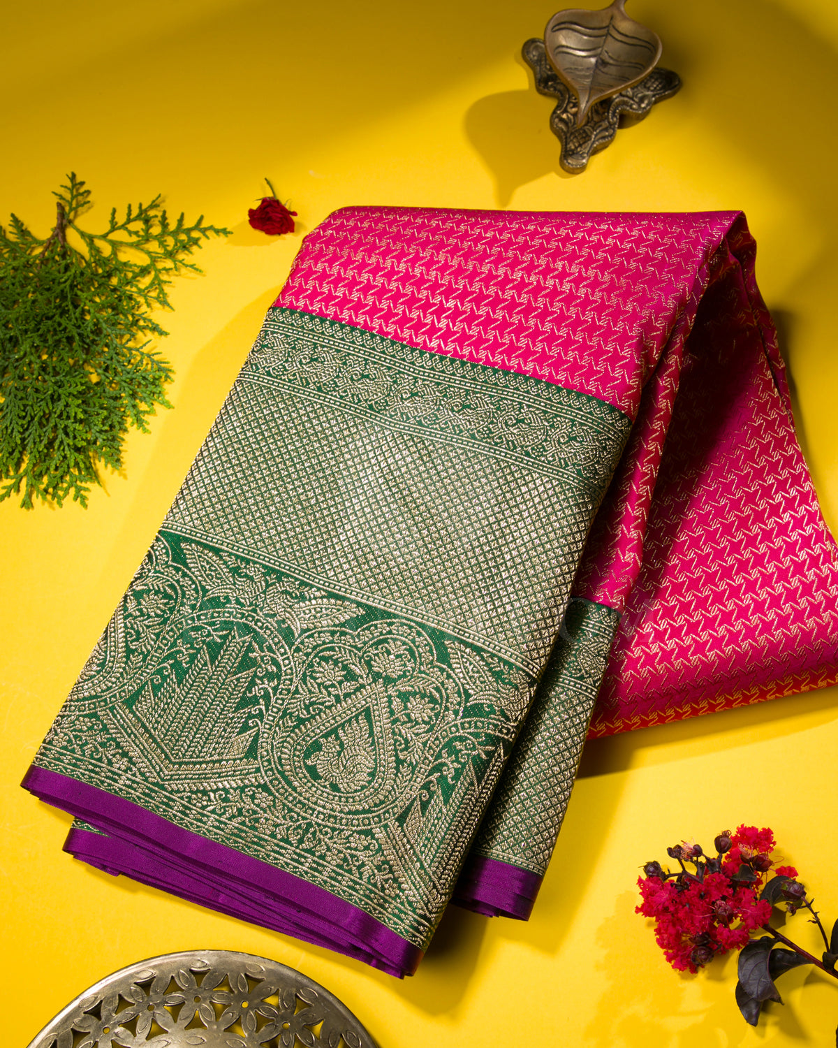 Bright Rani Pink And Forest Green Kanjivaram Silk Saree - S1259(B)