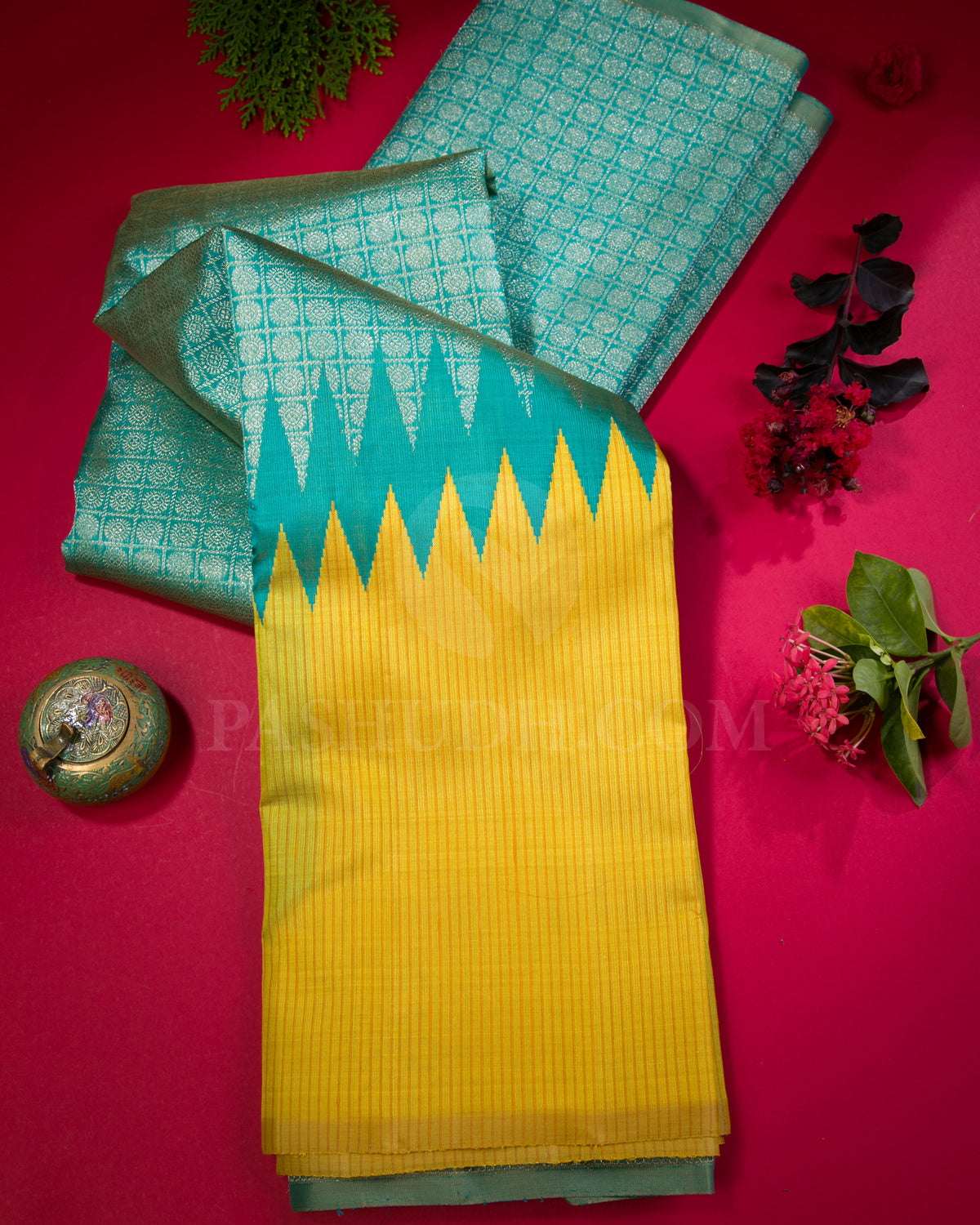 Yellow And Light Blue Half and Half Kanjivaram Silk Saree - S1231(B)