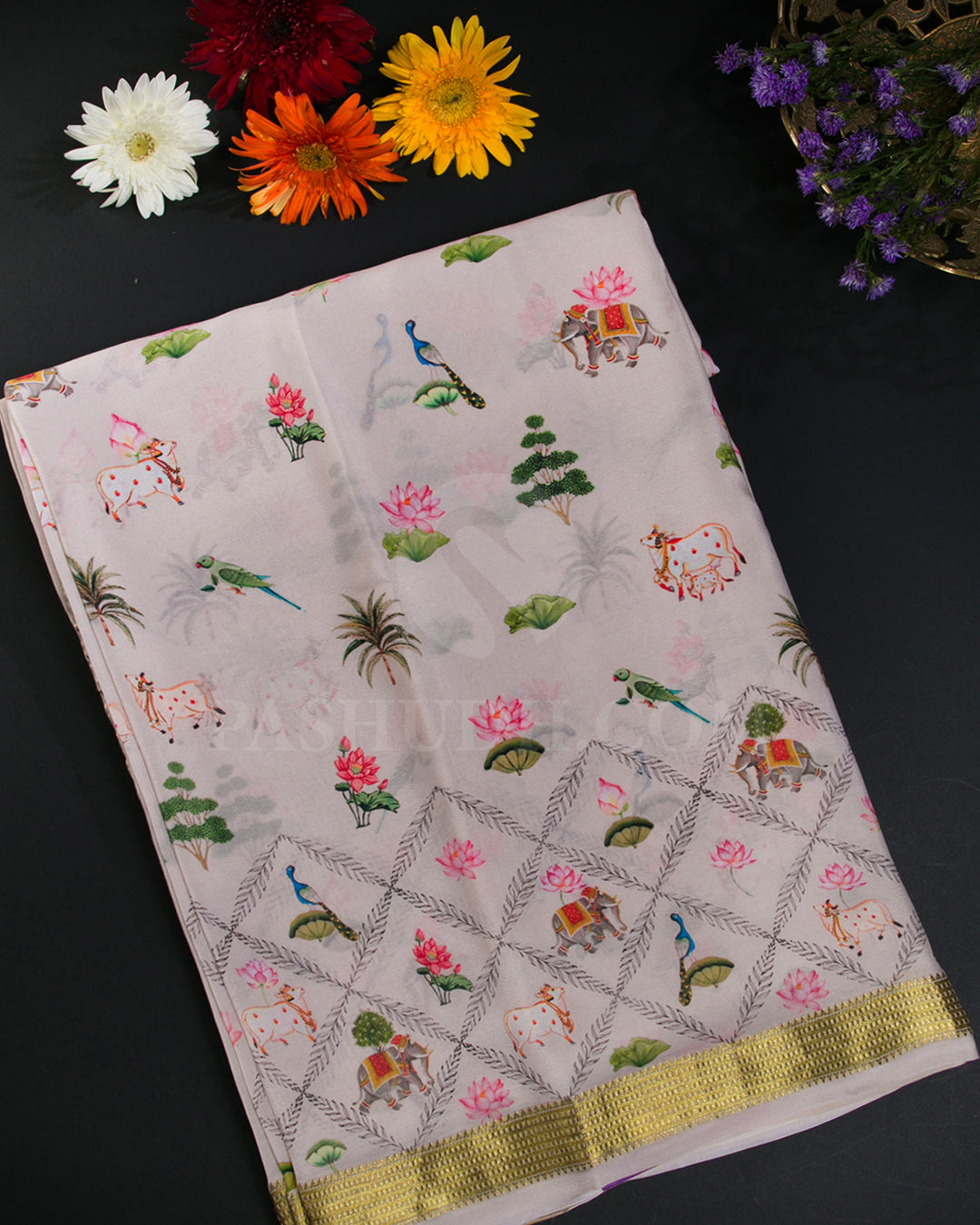 Pastel Pink Pichwai Printed Mysore Crepe Silk Saree - KP4