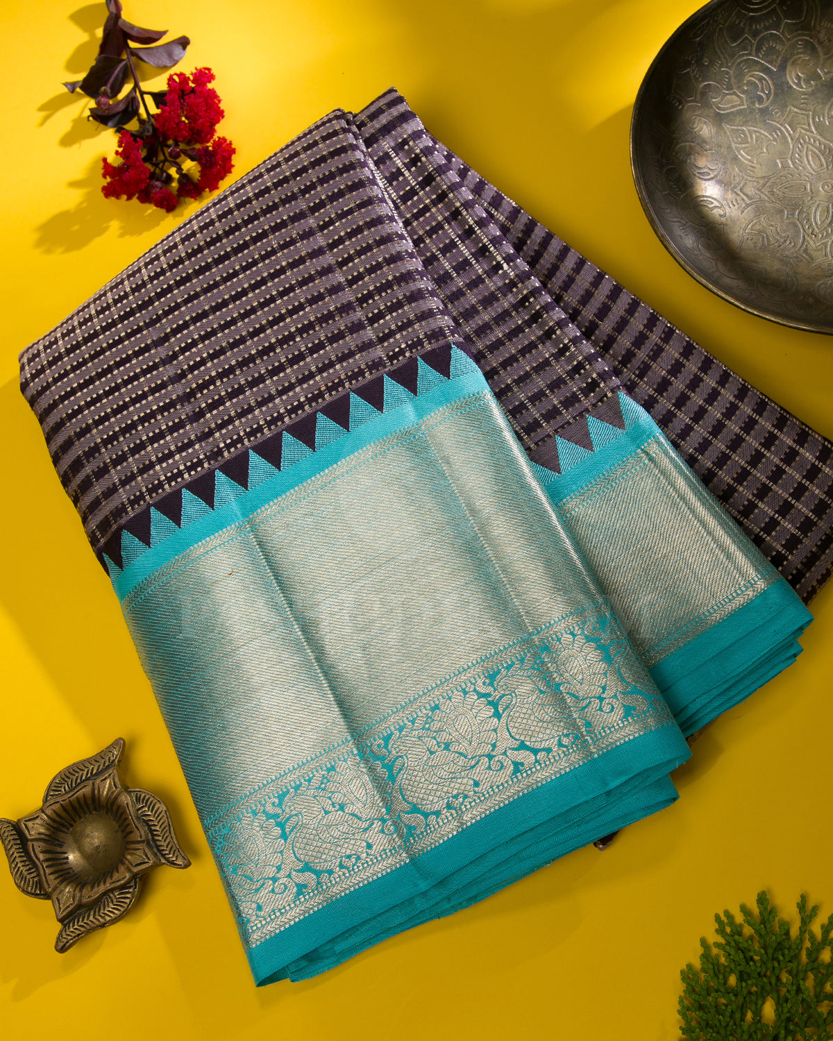 Aubergine And Sky Blue Traditional Kanjivaram Silk Saree - SVJ1