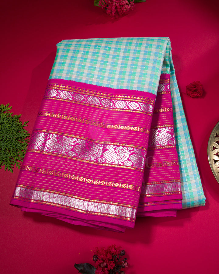Green Blue Chequered And Rani Pink Traditional Kanjivaram Silk Saree - AK11