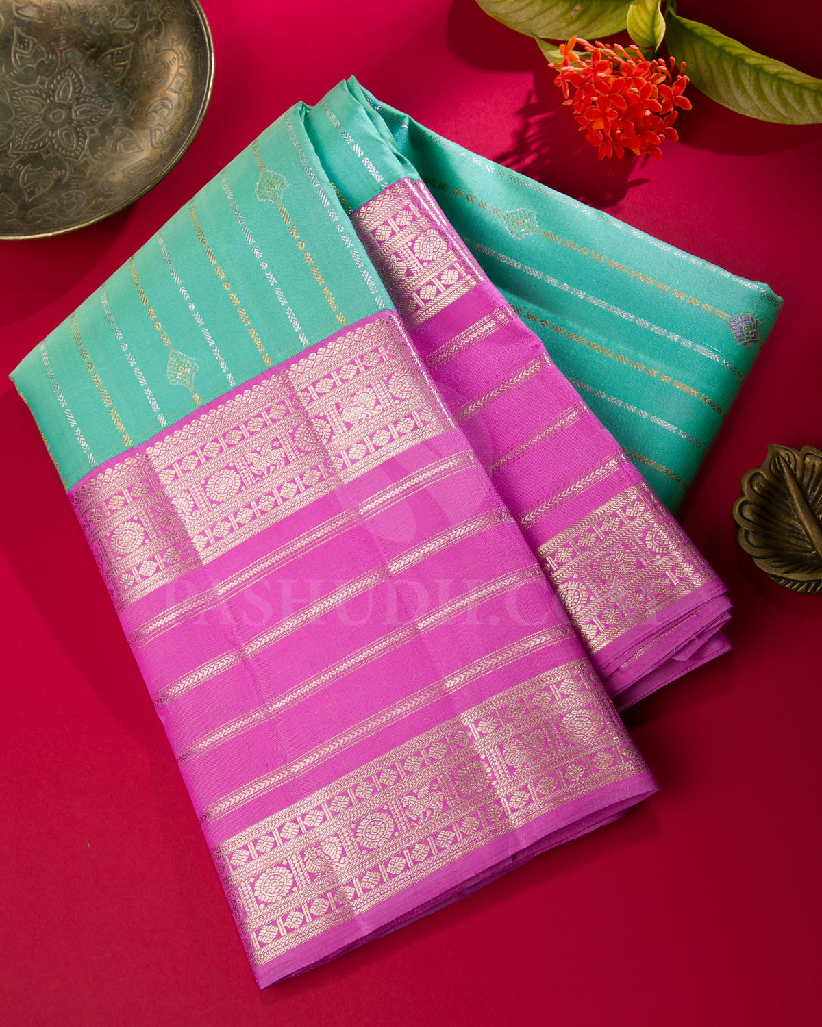 Sea Green And Rose Pink Traditional Kanjivaram Silk Saree - AK1