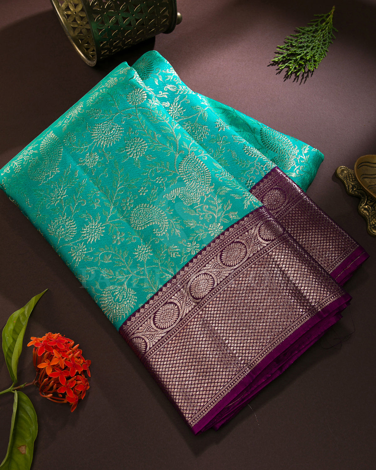 Turquoise Blue and Wine Kanjivaram Silk Saree - S1192(C)