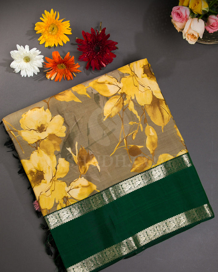 Green And Yellow Printed Handloom Korvai Kanjivaram Silk Saree - KP15