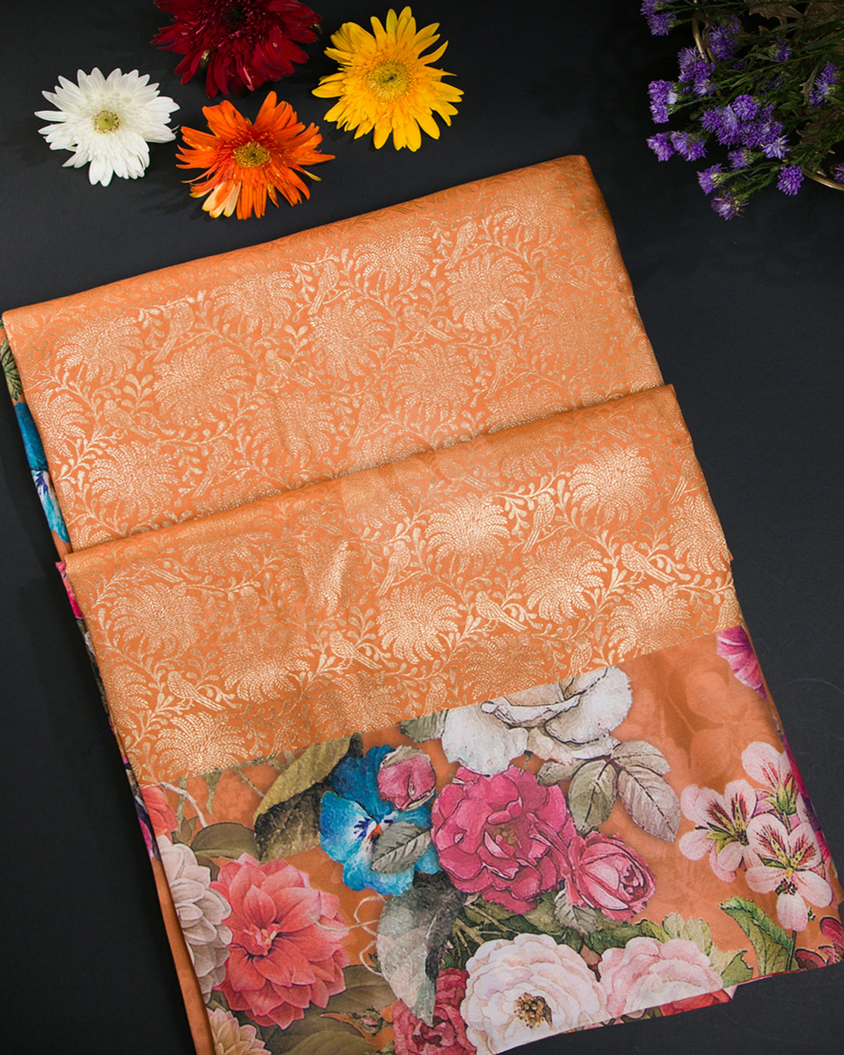 Orange Floral Print Kanjivaram Silk Saree - KP11