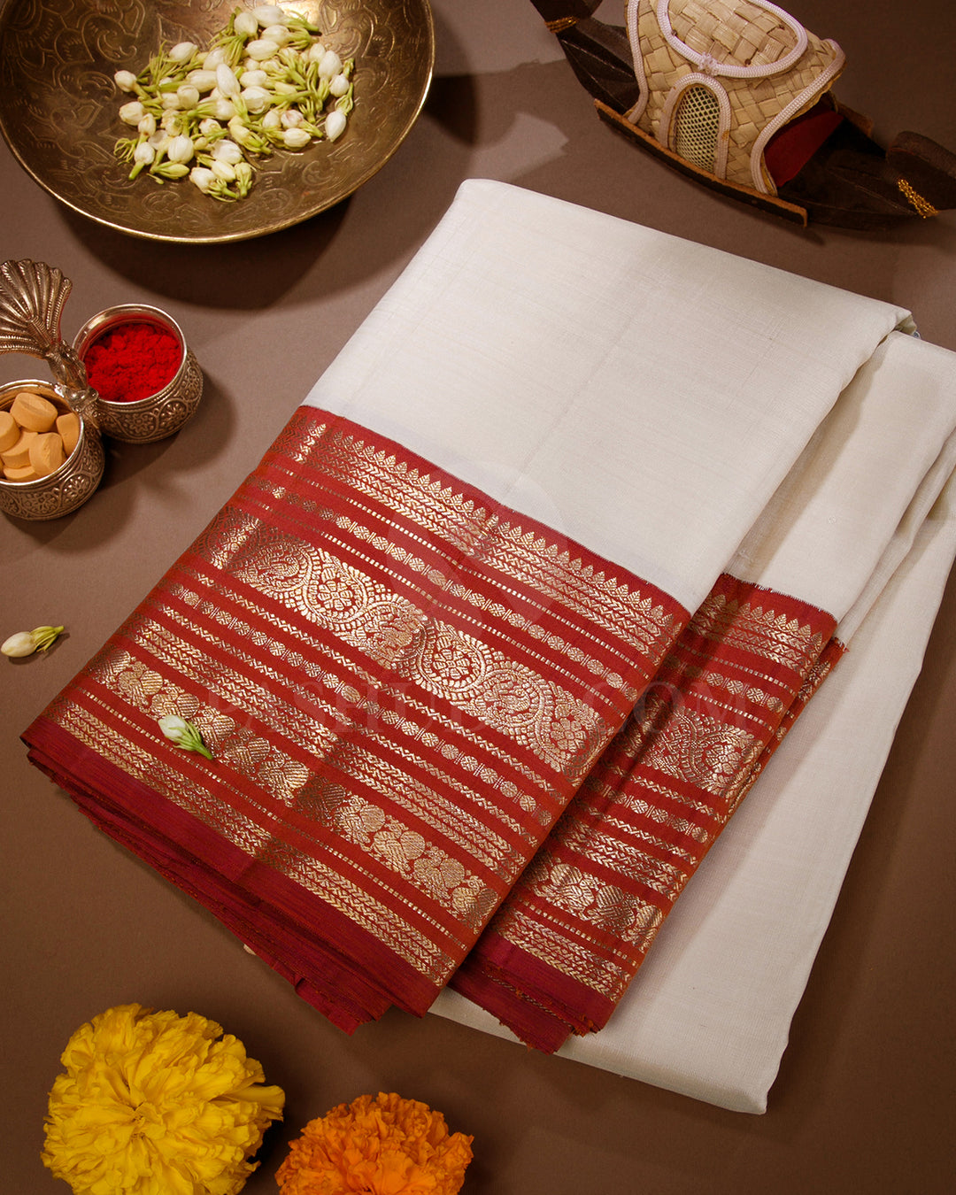Off White And Brick Red Kanjivaram Silk Saree - S1302(A)