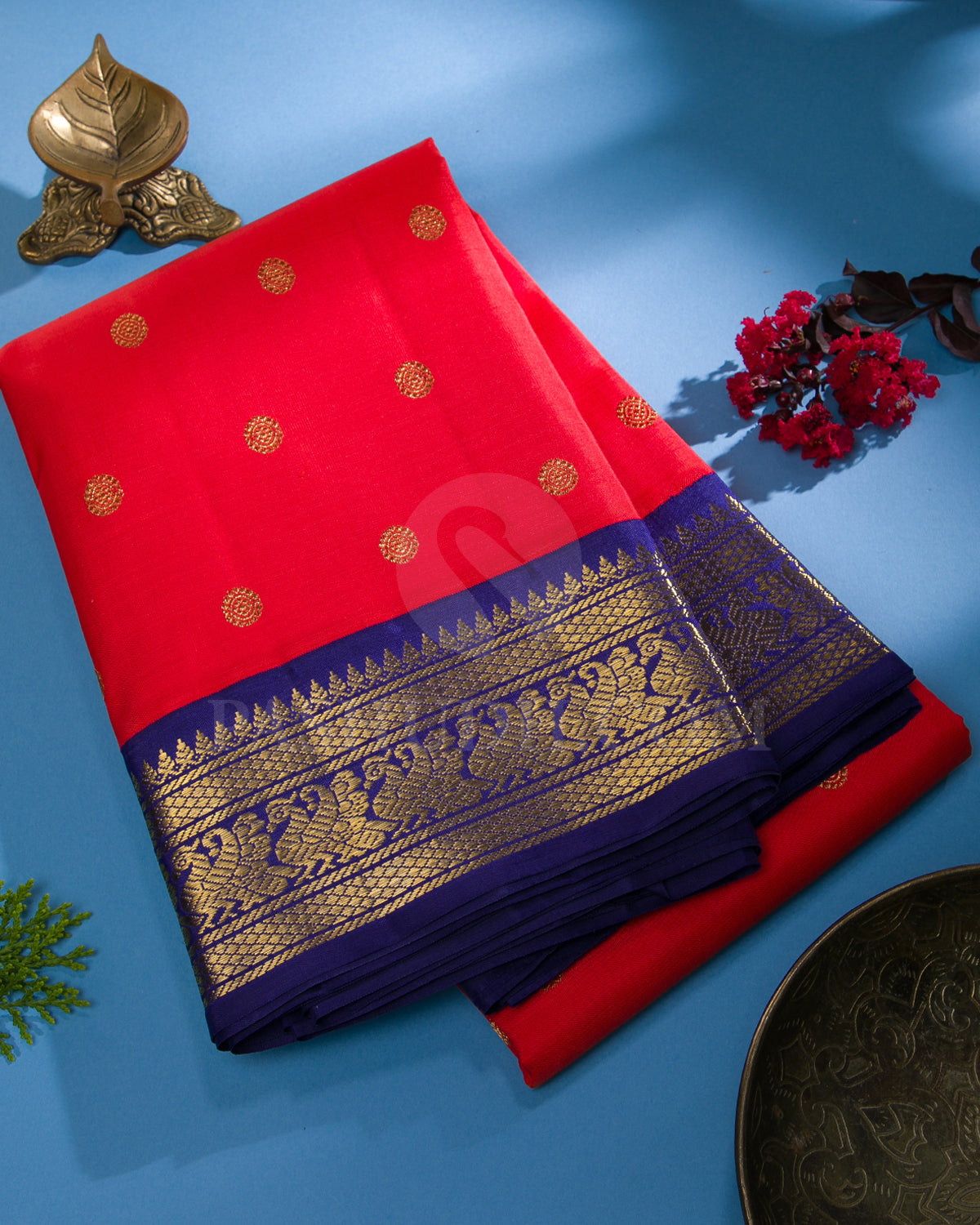 Bright Red And Royal Blue Traditional Kanjivaram Silk Saree - K2