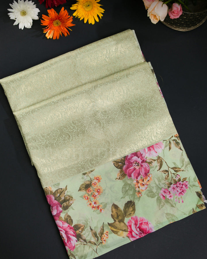 Mint Floral Print Kanjivaram Silk Saree - KP16