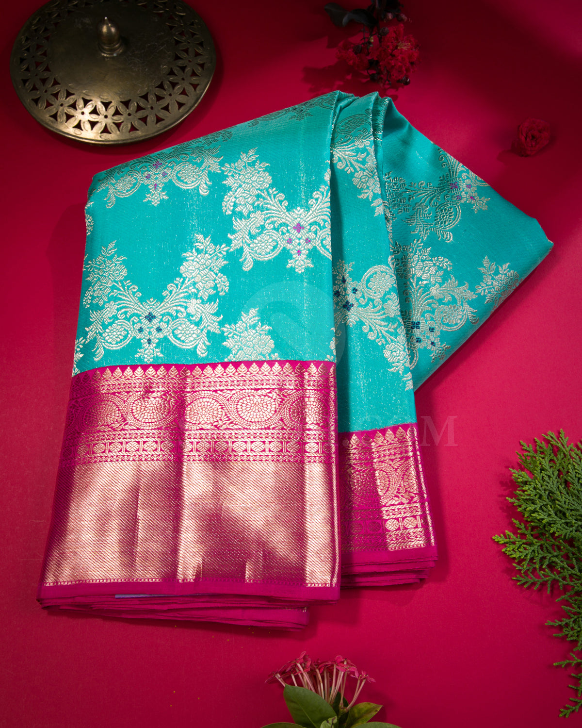 Turquoise Blue And Rani Pink Kanjivaram Silk Saree - S1093(B)