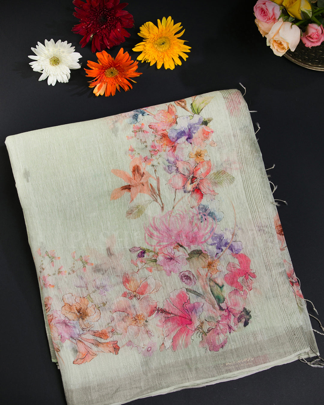 Mint Floral Printed Organza Linen Saree - KP22